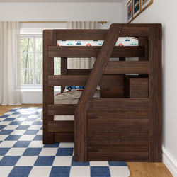 Dark walnut twin-over-full bunk bed with built-in storage stairs in children's bedroom, car-print bedding and blue checkered rug