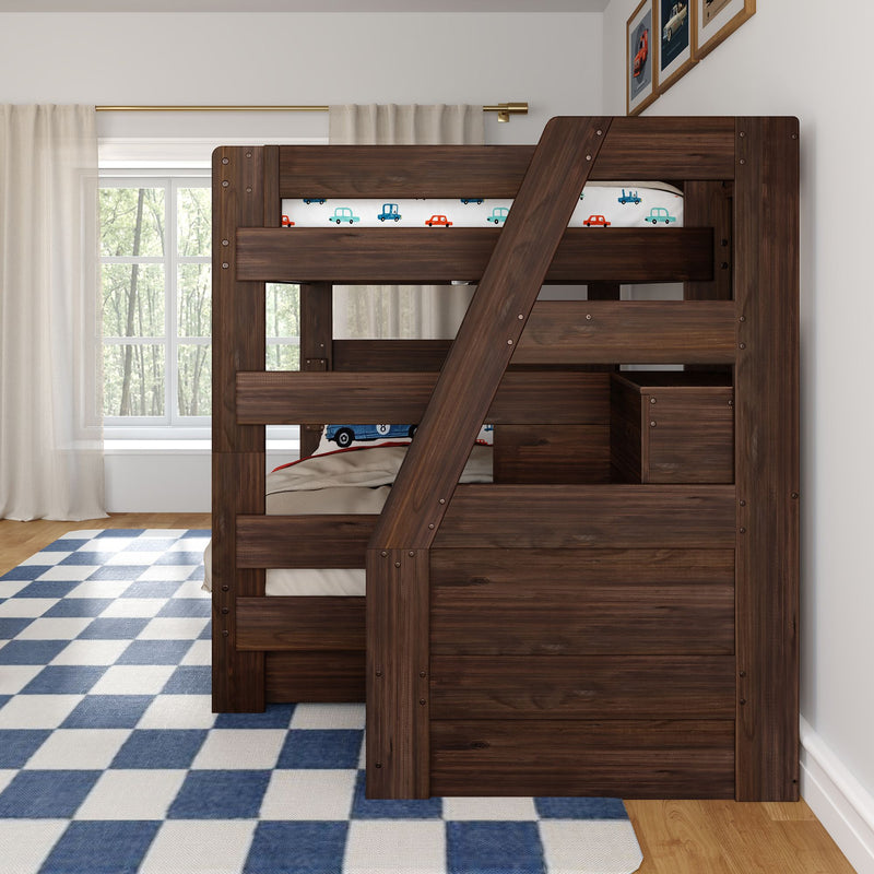 Dark walnut wooden loft bunk bed with angled ladder, car-print bedding, blue check rug and window with sheer curtains in kids' bedroom.