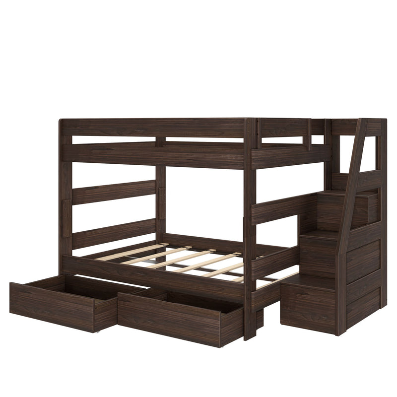 Dark brown wooden twin-over-full bunk bed with built-in staircase and under-bed storage drawers, slatted mattress support, space-saving kids bedroom furniture