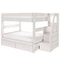 Whitewashed wood twin-over-full bunk bed with built-in staircase, safety rails, and under-bed storage drawers, minimalist design
