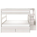 White wooden twin-over-full bunk bed with built-in staircase and under-bed storage drawers, modern space-saving kids' bedroom furniture