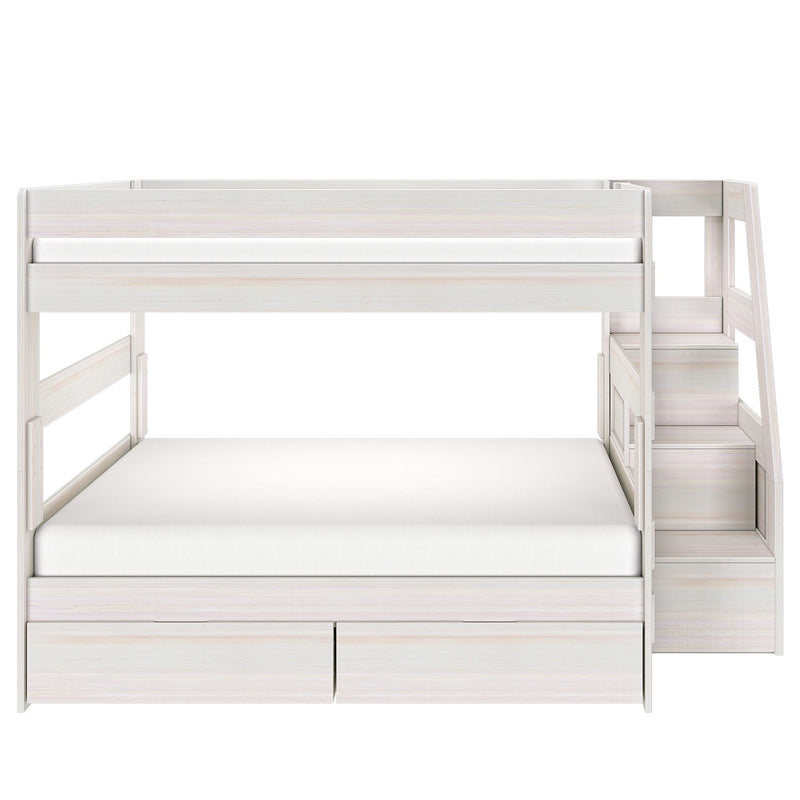 White wooden twin-over-full bunk bed with built-in staircase and under-bed storage drawers, modern space-saving kids' bedroom furniture
