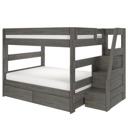 Gray wooden bunk bed with built-in storage drawers and staircase, modern space-saving kids' bedroom furniture with rustic finish