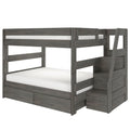 Grey wooden bunk bed with built-in staircase and under-bed storage drawers, slatted guardrails and modern rustic finish