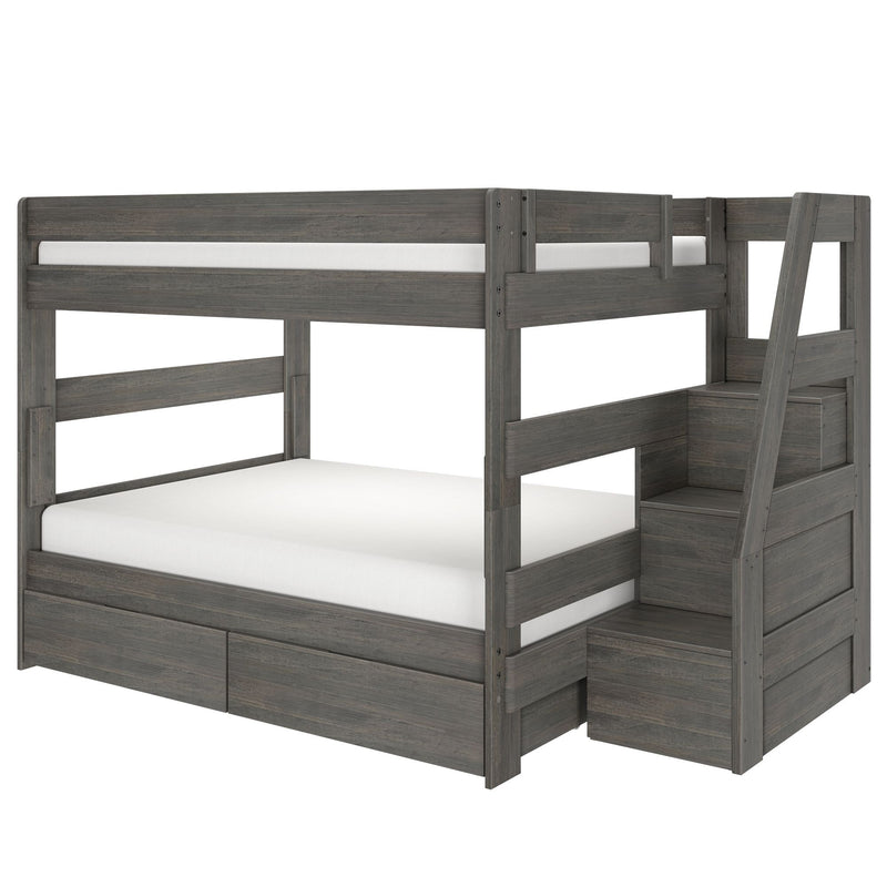 Grey wooden bunk bed with built-in staircase and under-bed storage drawers, slatted guardrails and modern rustic finish