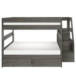 Gray wood twin-over-full bunk bed with built-in staircase and under-bed storage drawers, modern space-saving kids' bedroom furniture