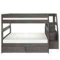 Gray wood twin-over-full loft bunk bed with built-in staircase, under-bed storage drawers and platform mattress