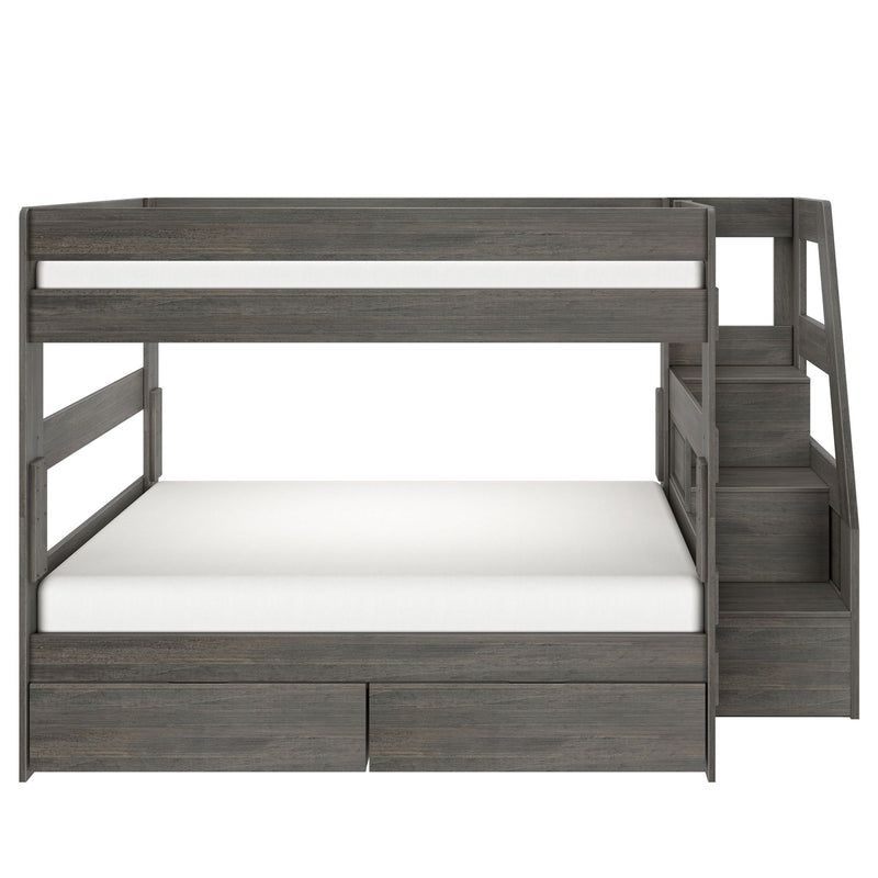 Gray wood twin-over-full loft bunk bed with built-in staircase, under-bed storage drawers and platform mattress