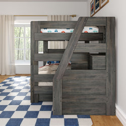 Kids gray wooden bunk bed with built-in stairs and storage, car-print bedding, blue checkered rug and bright window