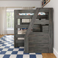 Gray wooden loft bunk bed with angled ladder and built-in storage in a sunlit kids' bedroom featuring car-themed bedding, blue checkered rug, sheer curtains, and framed car prints