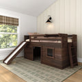Dark wood kids loft bed with slide and ladder in neutral farmhouse bedroom with plaid Roman shade, beadboard wall and black sconce