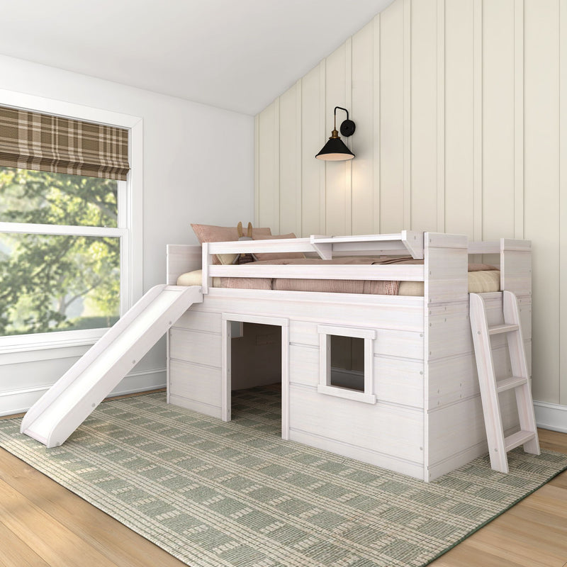 White wooden kids loft bed with slide and ladder, playhouse-style twin loft bed in a modern farmhouse children's bedroom