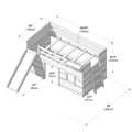 Kids wooden loft bed with slide and ladder, playhouse-style low loft bed product diagram showing enclosed lower play area and window with labeled dimensions 79 in x 42 in x 41.5 in (200 x 106 x 105 cm)