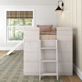 White wooden loft bed with ladder and slide in cozy neutral kids' bedroom with plaid roman shade, wall sconce and beige bedding