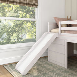 White loft bed with slide for kids in bright cozy bedroom.