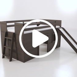 Wooden loft bed with ladder and slide for kids in modern design.