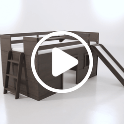 Dark brown wooden kids loft bed with ladder and slide, playhouse-style under-bed hideout and white mattress