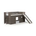 Gray wooden children's loft bed with slide and ladder, twin mattress platform and playhouse-style lower area