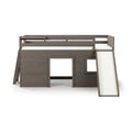 Gray wooden twin loft bed with slide and ladder, kids bunk bed with playhouse-style lower hideaway and white mattress