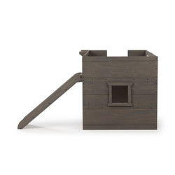 Wooden kids playhouse with ladder, rustic design for outdoor fun.