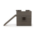 Gray wooden kids playhouse tower with angled slide and square window, outdoor children's playset with rustic finish