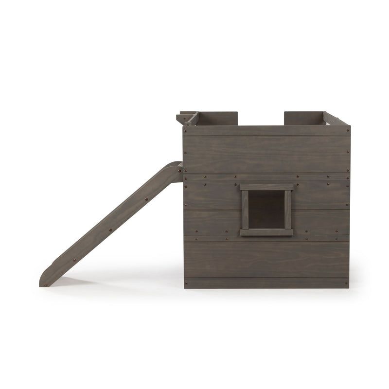 Gray wooden kids playhouse tower with angled slide and square window, outdoor children's playset with rustic finish