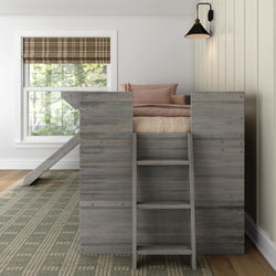 Loft bed with ladder and slide in a stylish modern bedroom with natural light.