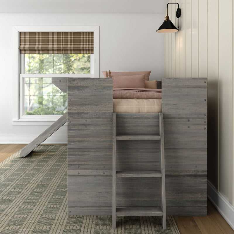 Cozy kids loft bed in gray reclaimed wood with ladder, blush pink bedding, plaid brown Roman shade over white-trim window and black brass wall sconce in a neutral modern farmhouse bedroom