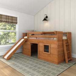Wooden loft bed with slide and ladder in a modern children's bedroom.