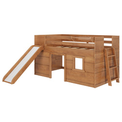 Wooden kids' loft bed with slide and ladder for playful bedroom setup.