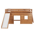 Kids natural wood loft playhouse bed with guardrails, ladder openings and attached white slide