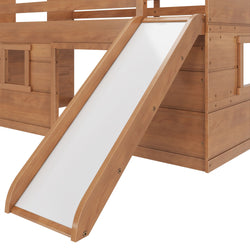Wooden bunk bed with slide, kids' loft bed with play slide attachment.
