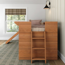 Wooden loft bed with ladder and side slide in modern kids' room.