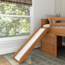 Wooden bunk bed with slide in cozy children's bedroom.