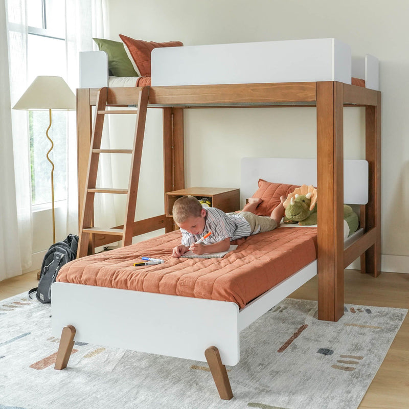 Modern wooden kids bunk bed with ladder in bright children's bedroom, rust-orange bedding, boy drawing on lower bed with plush dinosaur and bedside table