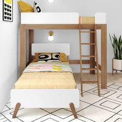 20-811-527 : Bunk Beds Mid-Century Modern L-Shaped Twin Over Twin Bunk Bed, Pecan & White