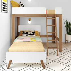 20-811-527 : Bunk Beds Mid-Century Modern L-Shaped Twin over Twin Bunk Bed, Pecan and White