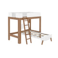 Walnut loft bed with white guardrails, built-in ladder and pull-out trundle, twin bed frame for kids' bedroom