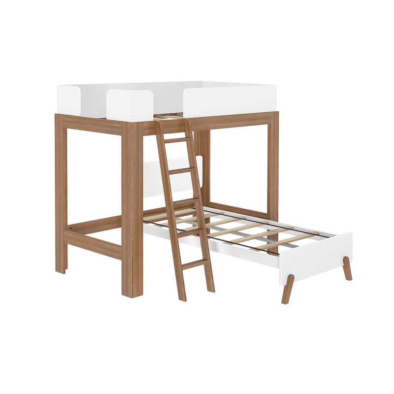 Walnut loft bed with white guardrails, built-in ladder and pull-out trundle, twin bed frame for kids' bedroom