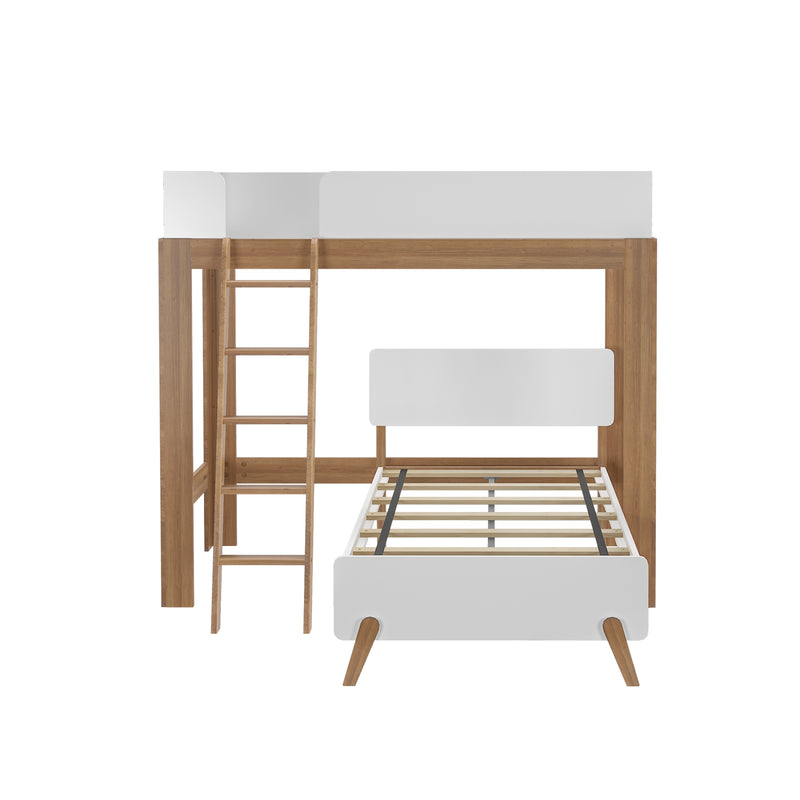 Modern wooden bunk bed with ladder, ideal for children's room space-saving solutions.