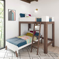 Modern space-saving wooden loft bunk bed for kids with ladder and white guardrails, blue mattress and colorful geometric bedding, wall sconce and abstract rainbow art in bright children's bedroom