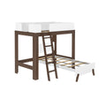 Modern twin loft bed with walnut wood frame, white guardrails, ladder and pull-out trundle with slatted mattress support