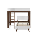 Dark walnut loft bed with white guardrails and built-in ladder, twin slatted platform frame in modern mid-century style for kids' space-saving bedroom
