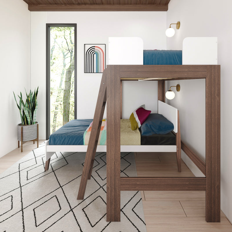 Modern wooden loft bed in a stylish bedroom with natural light and colorful bedding.