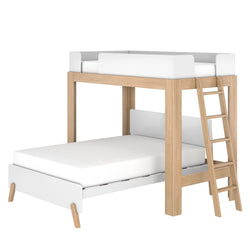 Modern Scandinavian twin-over-full loft bunk bed with natural oak frame, white panels, built-in ladder and guardrails — space-saving kids' bedroom furniture