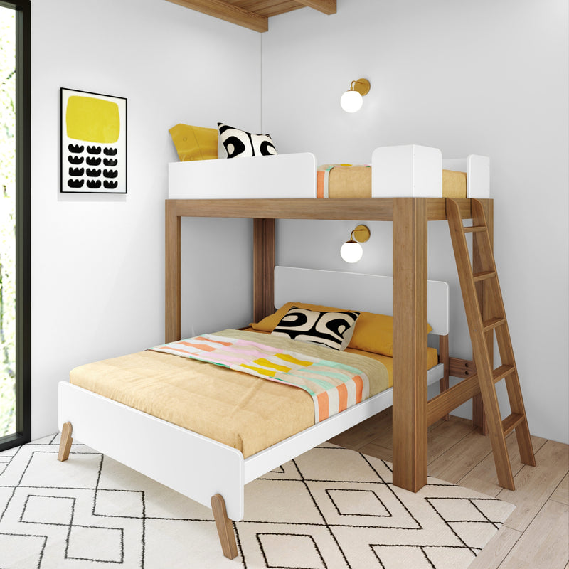 Modern wooden loft-style bunk bed for kids with ladder, white-and-wood frame, colorful bedding, geometric rug, wall sconces and framed art in a bright minimalist bedroom