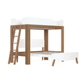 Modern white and walnut twin bunk bed with ladder and pull-out trundle, solid wood frame space-saving loft design for kids bedroom