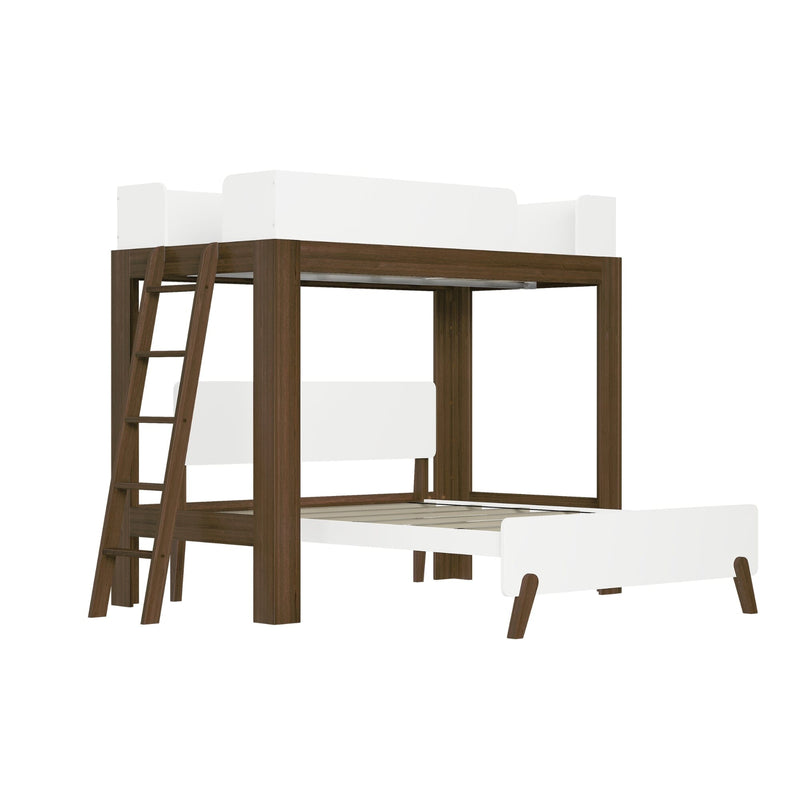 Modern wooden bunk bed with ladder and white panels for kids' bedroom.