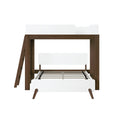 Modern white and walnut loft bed with side ladder, safety guardrail and slatted mattress platform for kids' bedroom
