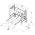 Twin-over-full loft bunk bed dimensions diagram with ladder and guardrail — overall footprint 93" x 83" (237 x 211 cm), top bunk 77" x 41" (197 x 105 cm), lower/full bed 55" x 39" (140 x 100 cm) mattress area, total height 69" (176 cm).